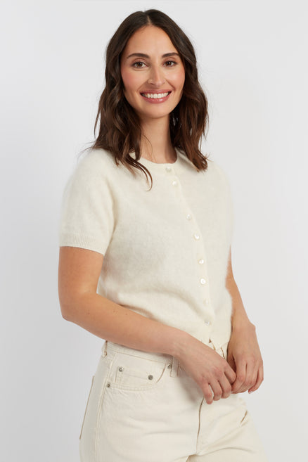 Cream Brushed Pure Cashmere Button Tee