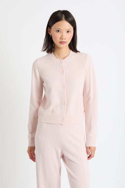 Pink-Melange Wool-Cashmere Crew Neck Cardigan