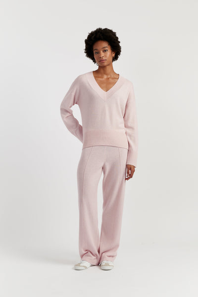 Pink-Melange Wool-Cashmere V-neck Sweater