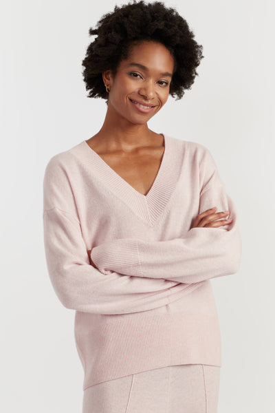 Pink-Melange Wool-Cashmere V-neck Sweater