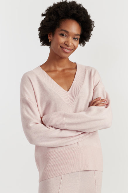 Pink-Melange Wool-Cashmere V-neck Sweater