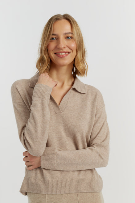 Soft-Oat Wool-Cashmere Collared Sweater