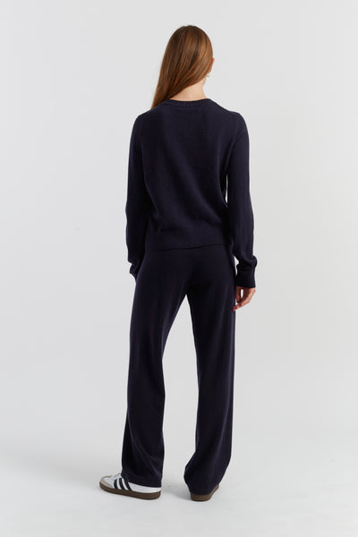 Navy Wool-Cashmere Crew Neck Cardigan