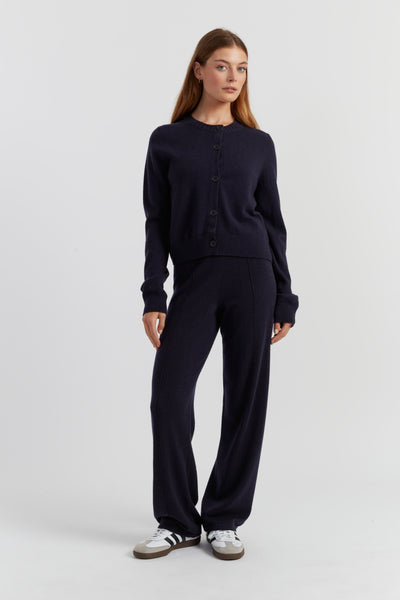 Navy Wool-Cashmere Crew Neck Cardigan