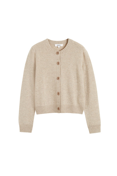 Beige cardigan with brown buttons on a white background