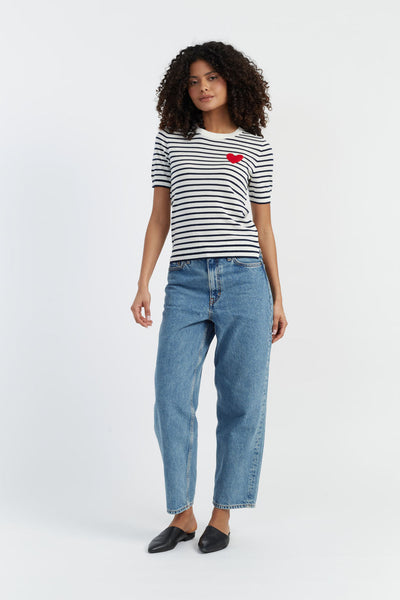 Cream-Navy Merino Heart Breton T-shirt