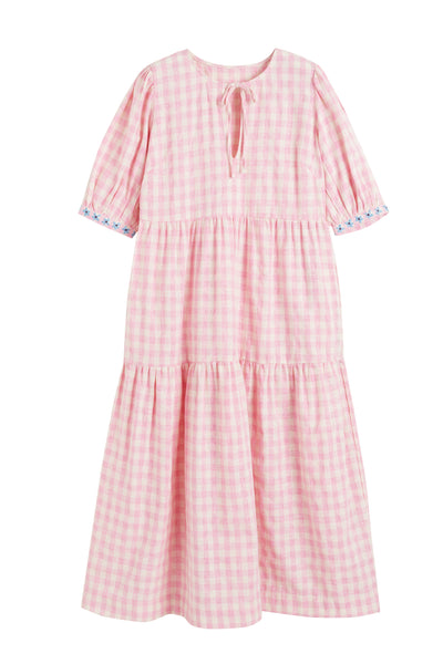 Pink Linen-Blend Gingham Daisy Day Dress