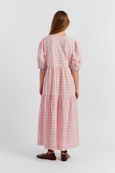 Pink Linen-Blend Gingham Daisy Day Dress