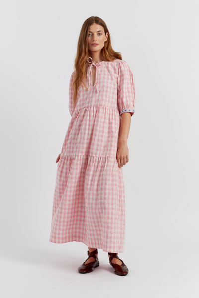 Pink Linen-Blend Gingham Daisy Day Dress