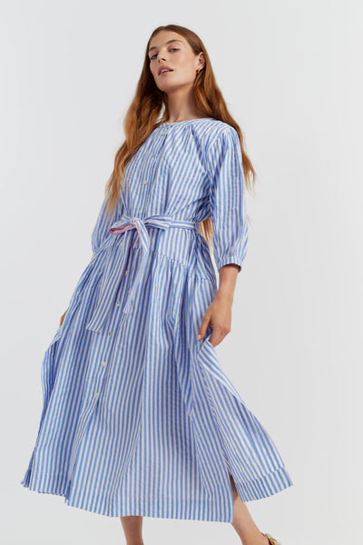 blue stripe cotton dress Cotton Blue Stripe Short Sleeve Maxi Dress - All Dresses