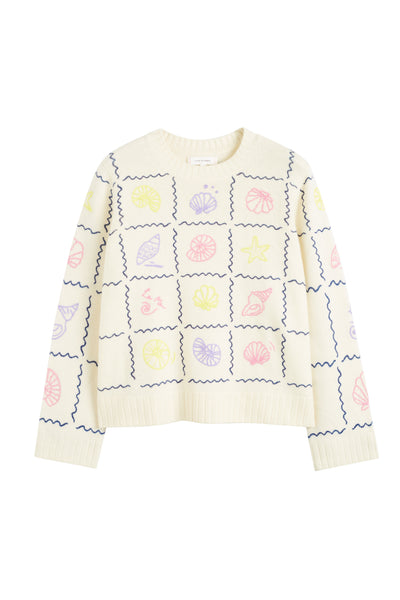 SAMPLE SALE - NO REFUNDS Cream Wool-Cashmere La Mer Embroidered Sweater