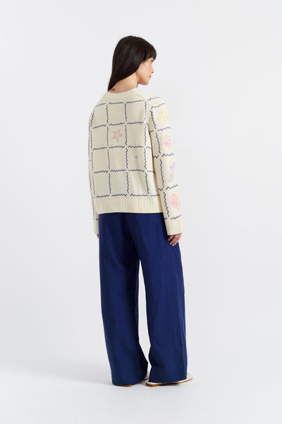 SAMPLE SALE - NO REFUNDS Cream Wool-Cashmere La Mer Embroidered Sweater