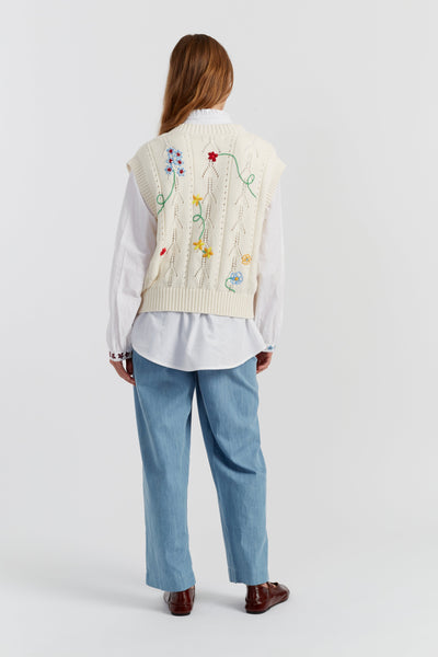 Cream Cotton Hand Embroidered Floral Tank