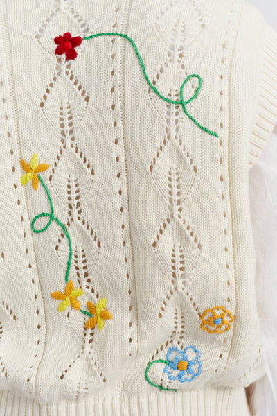 Cream Cotton Hand Embroidered Floral Tank