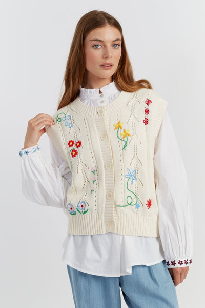 Cream Cotton Hand Embroidered Floral Tank