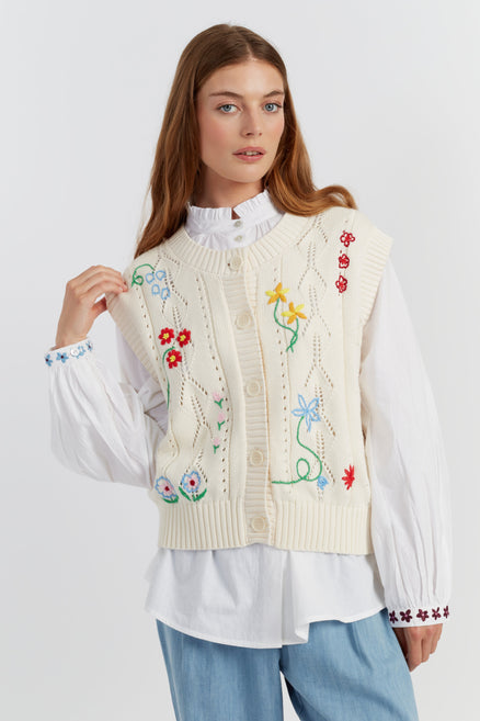 Cream Cotton Hand Embroidered Floral Tank