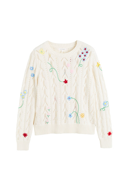 Cream Cotton Hand Embroidered Floral Sweater