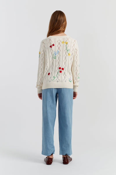 Cream Cotton Hand Embroidered Floral Sweater