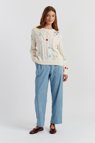 Cream Cotton Hand Embroidered Floral Sweater