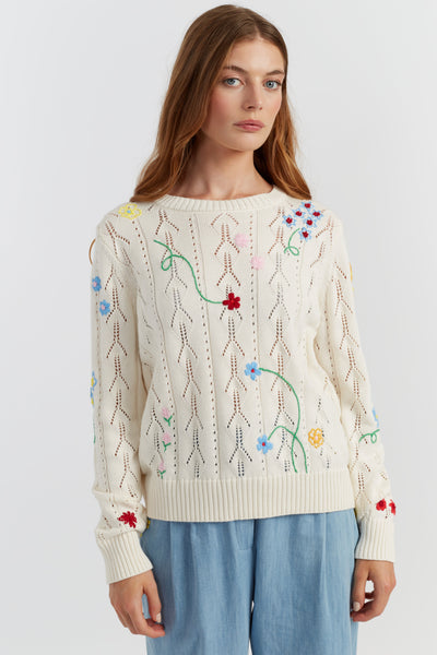 Cream Cotton Hand Embroidered Floral Sweater