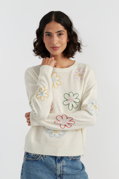 Cream Wool-Cashmere Garden Flowers Sweater