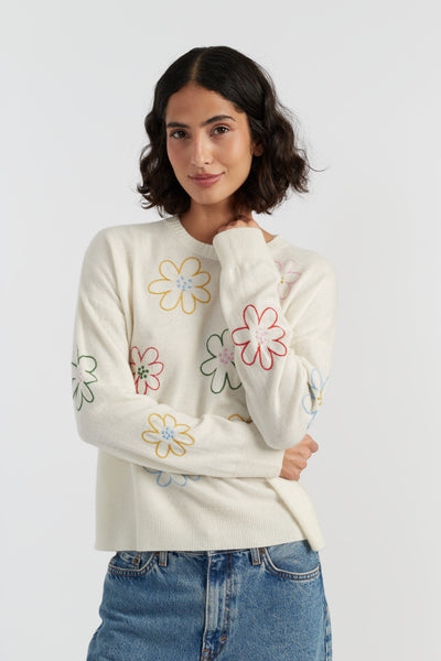 Cream Wool-Cashmere Garden Flowers Sweater