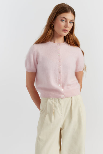 Peachy-Pink Brushed Pure Cashmere Button Tee