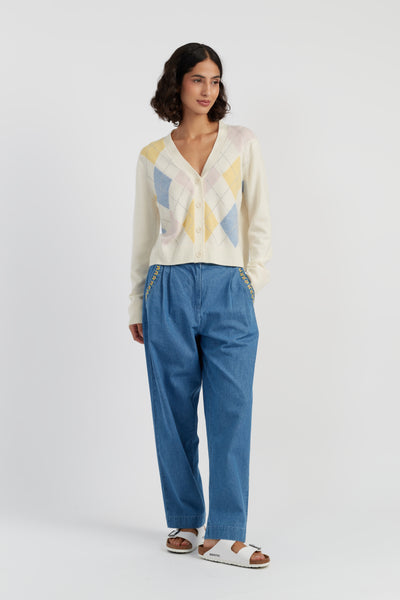 Cream Wool-Cashmere Argyle Cardigan