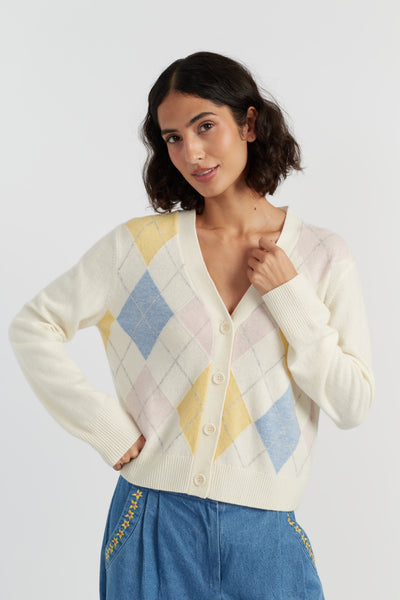 Cream Wool-Cashmere Argyle Cardigan