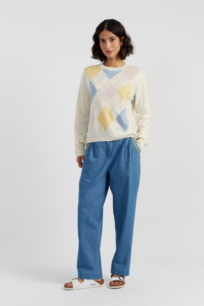 Cream Wool-Cashmere Argyle Sweater