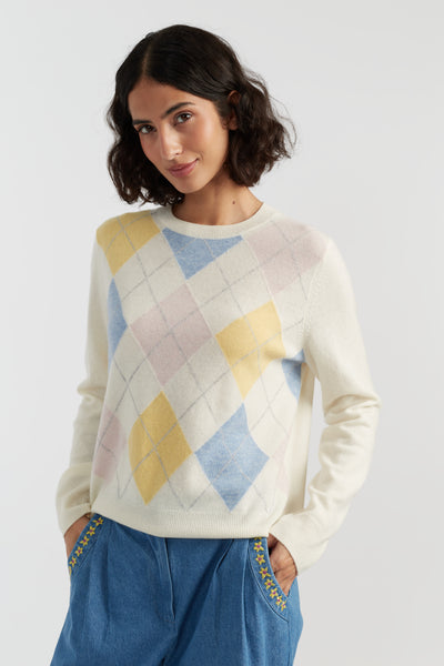 Cream Wool-Cashmere Argyle Sweater