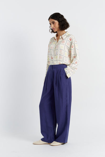 SAMPLE SALE - NO REFUNDS Blue Tencel-Linen Pleat Trousers