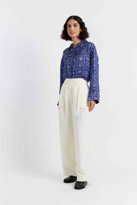 Cream Tencel-Linen Pleat Trousers