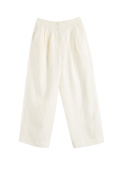 Cream Tencel-Linen Pleat Trousers