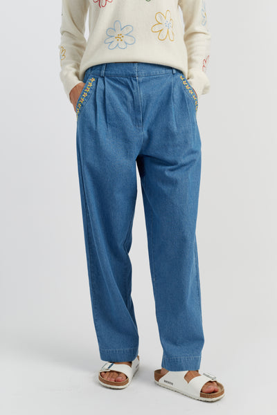 Blue Cotton Chambray Daisy Trousers