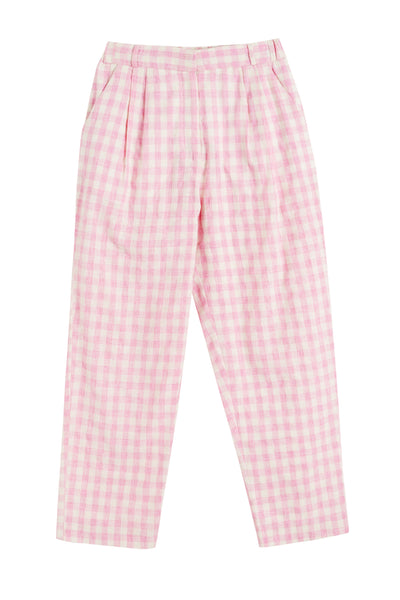 Pink Linen-Blend Gingham Trousers