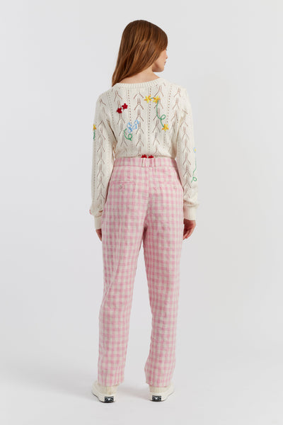 Pink Linen-Blend Gingham Trousers