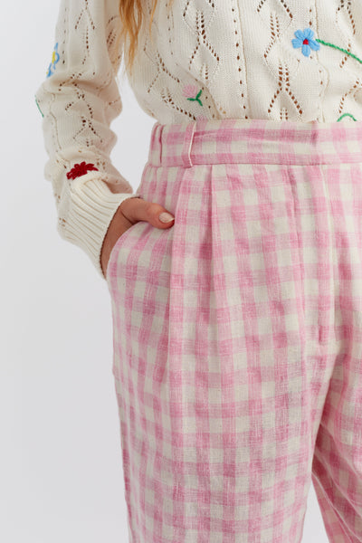 Pink Linen-Blend Gingham Trousers