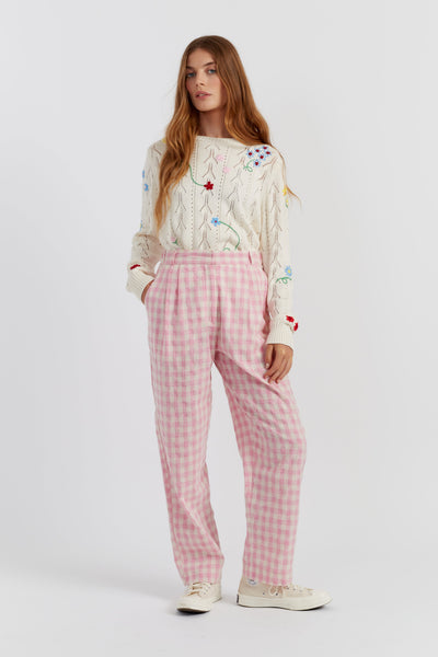 Pink Linen-Blend Gingham Trousers