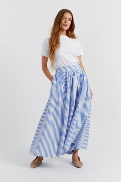 Blue Cotton Oxford Stripe Skirt