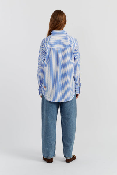 Blue Cotton Oxford Stripe Floral Shirt