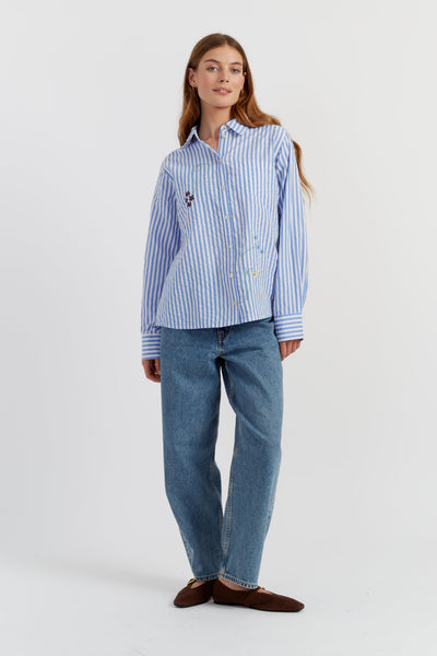 Blue Cotton Oxford Stripe Floral Shirt