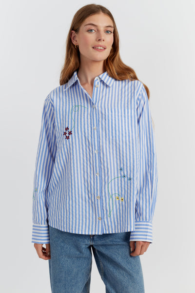 Blue Cotton Oxford Stripe Floral Shirt