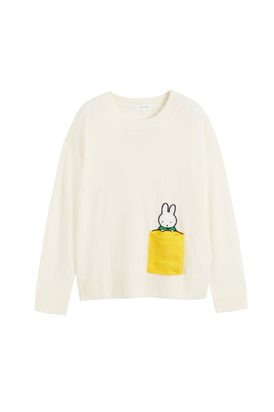 White sweater with a cartoon character design on a white background