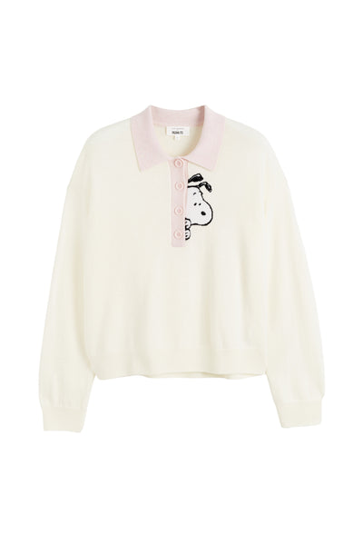 White sweater with pink collar and black graphic on a white background