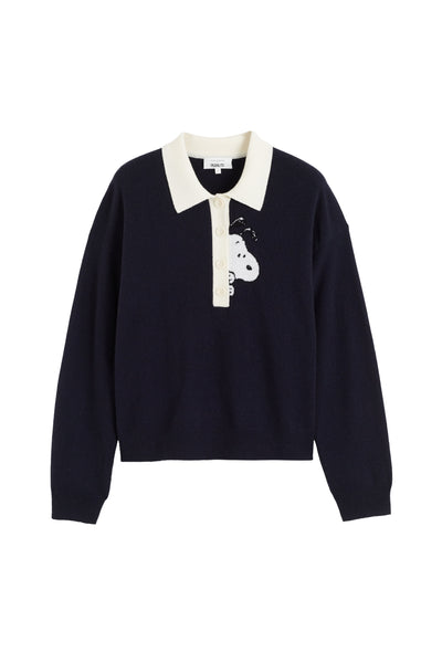 Navy sweater with white collar and pattern on a white background