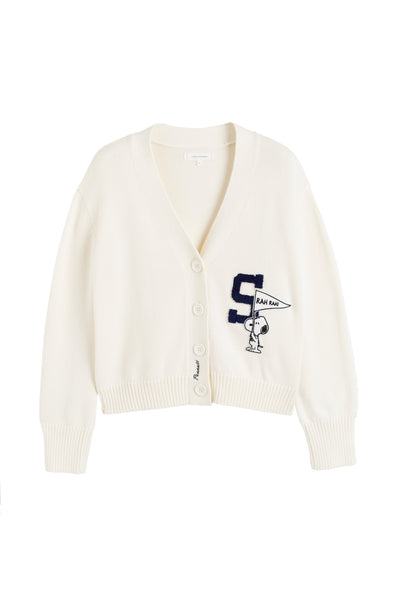White cardigan with a logo on a white background