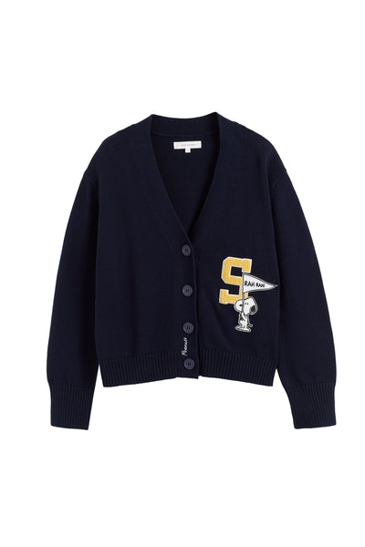Navy blue cardigan with yellow 'S' logo on a white background