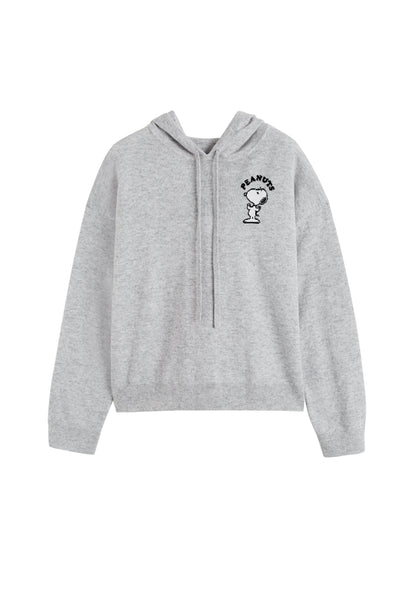 Grey hoodie with a small graphic on a white background