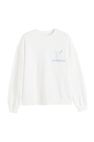 White sweatshirt with a small logo on a white background